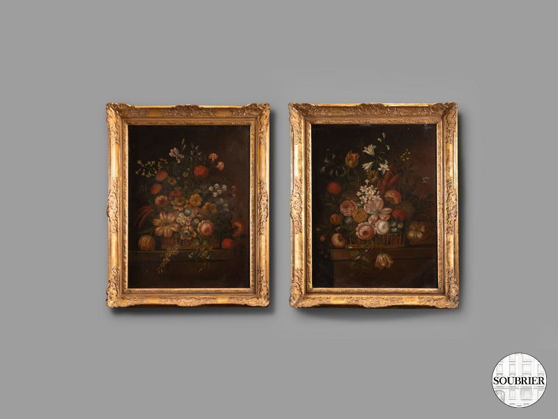 Deux tableaux fleurs cadre doré